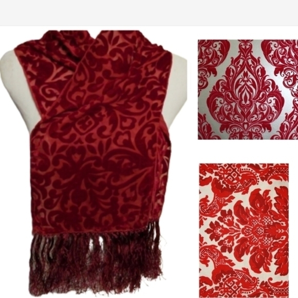 RED‎ flocked  Burn Out  Fringed scarf - Picture 1 of 4